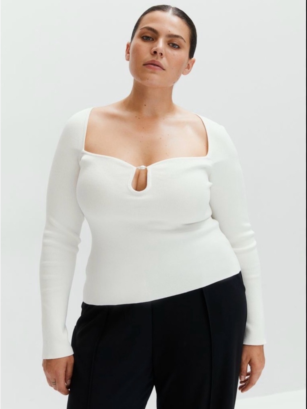 H&M Cream Long-Sleeve Square Neck Sweater with Front Keyhole